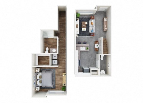 Floor plan for 1 bed, 1.5 baths, 800 sqft